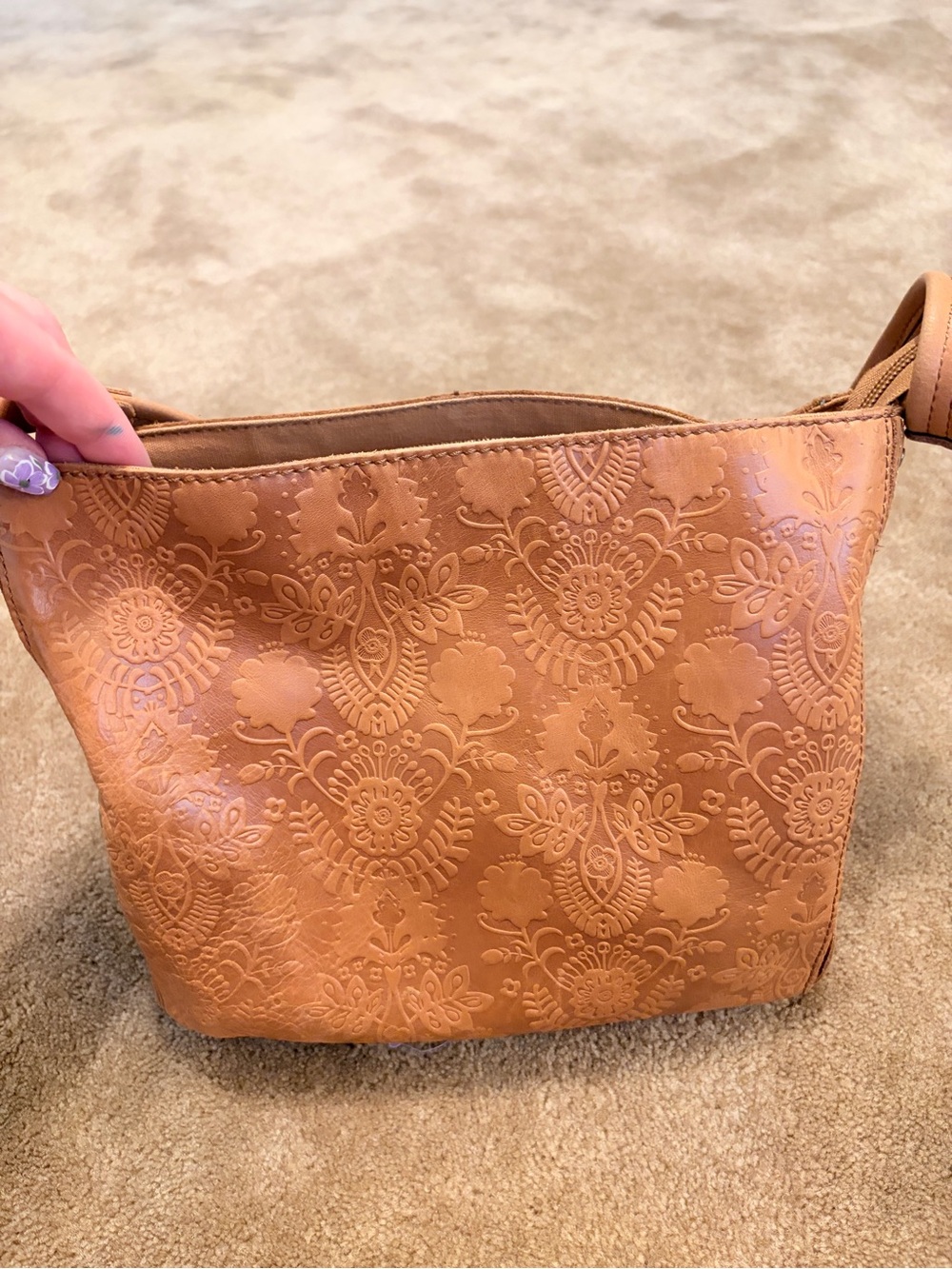 The Sak Tabacco Embossed Floral Leather Bucket Bag with Studded Sides